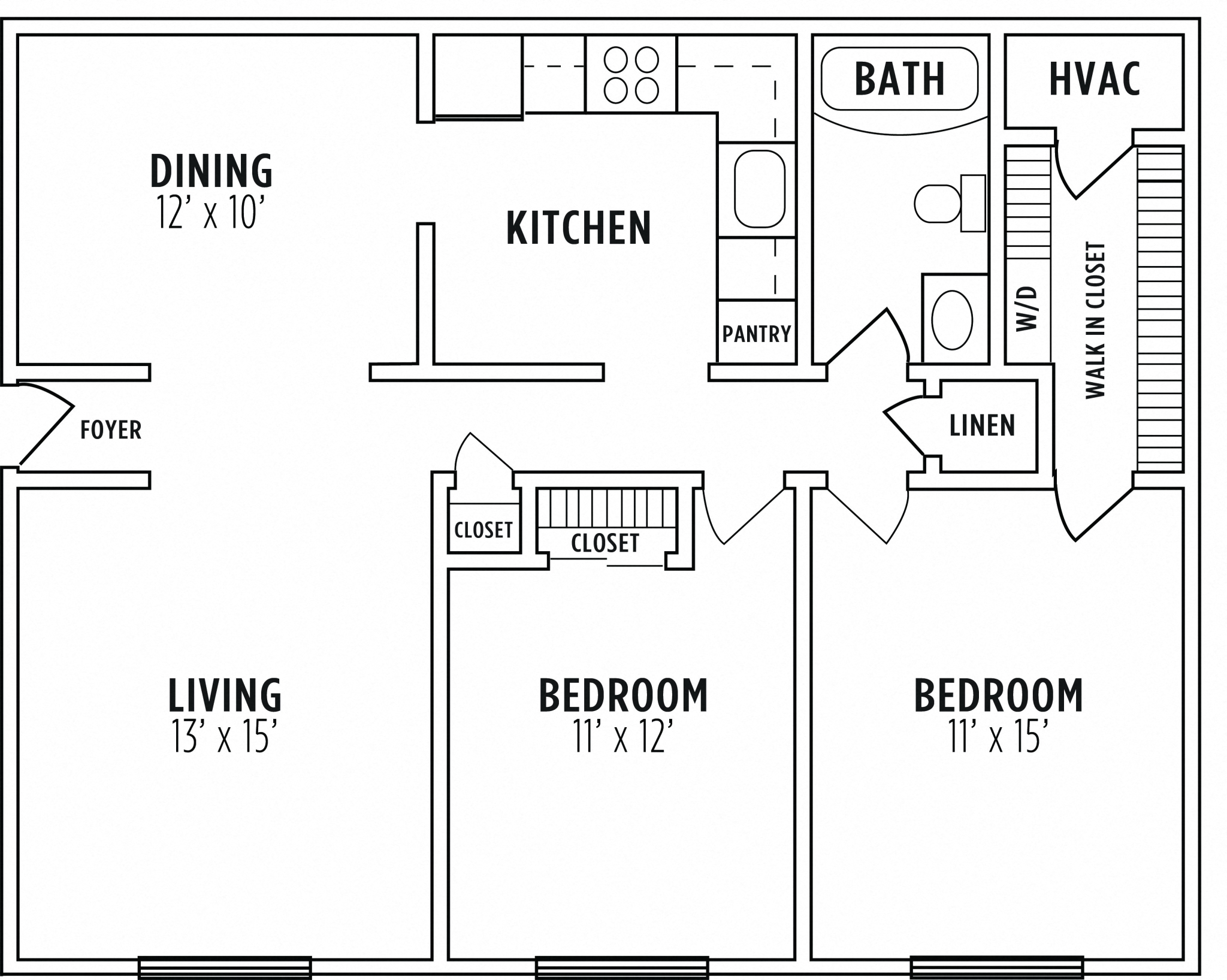 Floor plan for 2 beds, 1 bath, 980 sqft